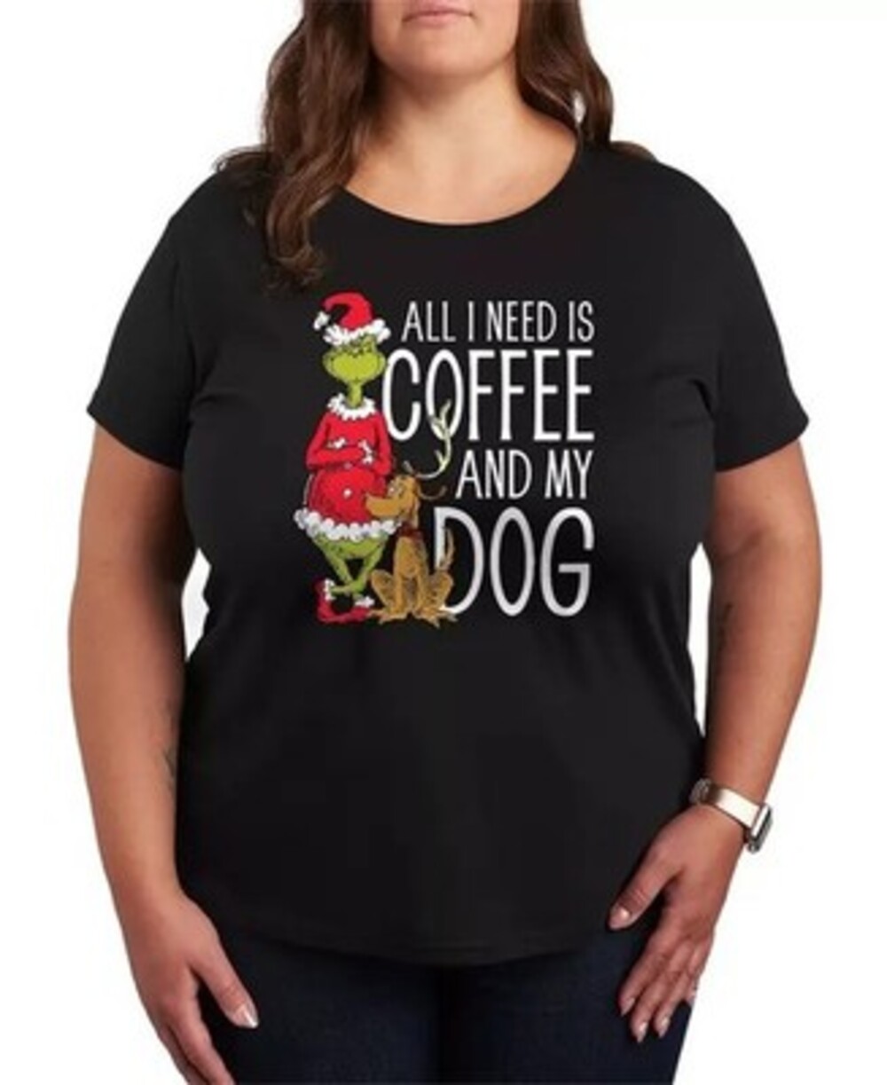 Instant Message Plus Size Grinch & Max Coffee and My Dog Print T-shirt Womens 1X